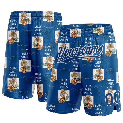 Personalized Royal US Navy Basketball Shorts with Custom Name & Number, 3D Hawaii Palm Trees Pattern - Team Apparel Personalized
