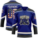 Personalized Vintage USA Flag Hockey Jersey with Custom Name & Number - Black-Cream Lace Neck Team Apparel Personalized Royal