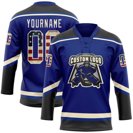 Personalized Vintage USA Flag Hockey Jersey with Custom Name & Number - Black-Cream Lace Neck Team Apparel Personalized Royal