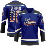 Personalized Vintage USA Flag Hockey Jersey with Custom Name & Number - Black-Cream Lace Neck Team Apparel Personalized Royal