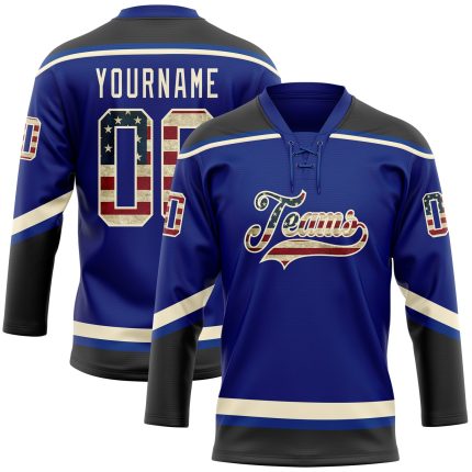 Personalized Vintage USA Flag Hockey Jersey with Custom Name & Number - Black-Cream Lace Neck Team Apparel Personalized Royal