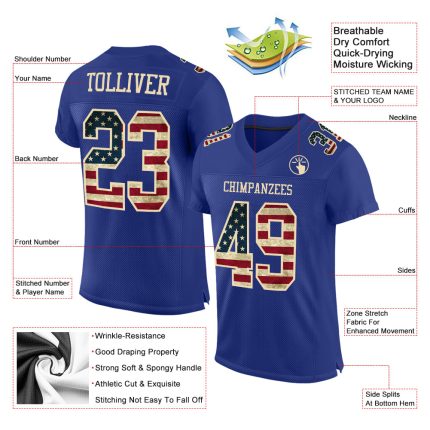 Custom Name & Number Vintage USA Flag Football Jersey - Personalized Cream Mesh Authentic Team Apparel Personalized Royal
