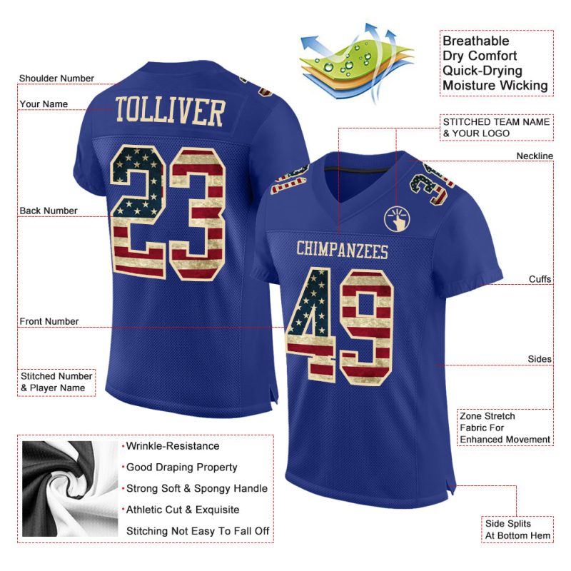 Custom Name & Number Vintage USA Flag Football Jersey - Personalized Cream Mesh Authentic Team Apparel Personalized Royal