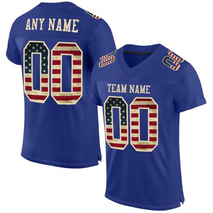 Custom Name & Number Vintage USA Flag Football Jersey - Personalized Cream Mesh Authentic Team Apparel Personalized Royal