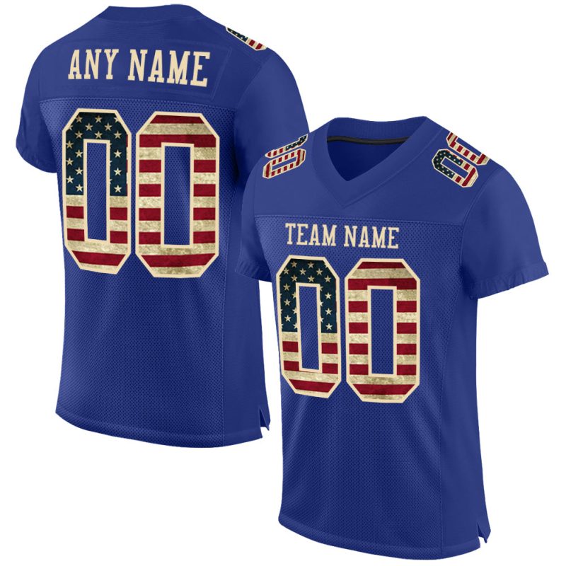 Custom Name & Number Vintage USA Flag Football Jersey - Personalized Cream Mesh Authentic Team Apparel Personalized Royal