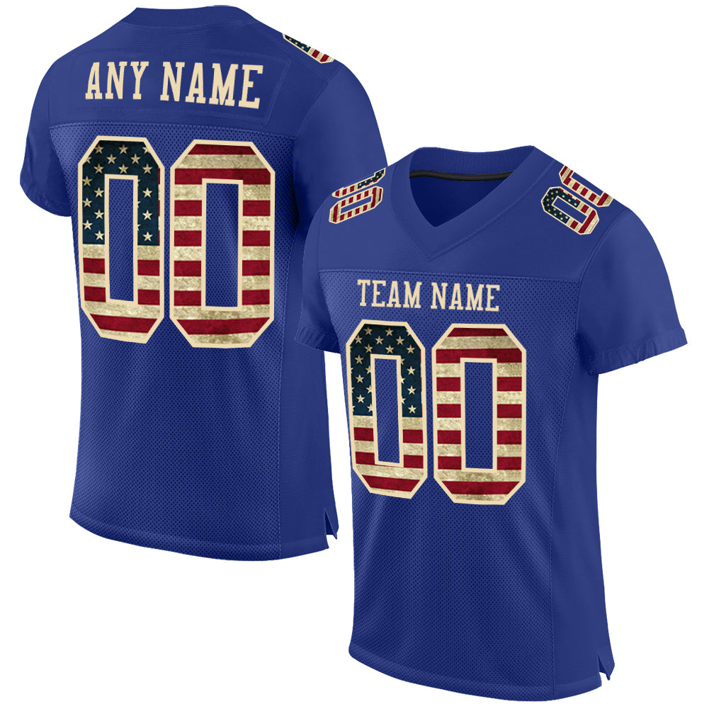 Custom Name & Number Vintage USA Flag Football Jersey - Personalized Cream Mesh Authentic Team Apparel Personalized Royal