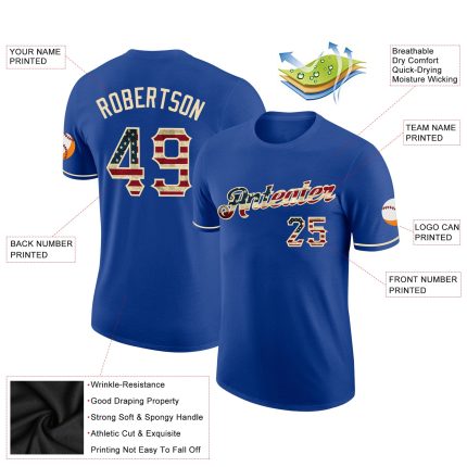 Personalized USA Flag Vintage Cream T-Shirt with Custom Team Name & Number - Performance Shirt Personalized Royal Vintage