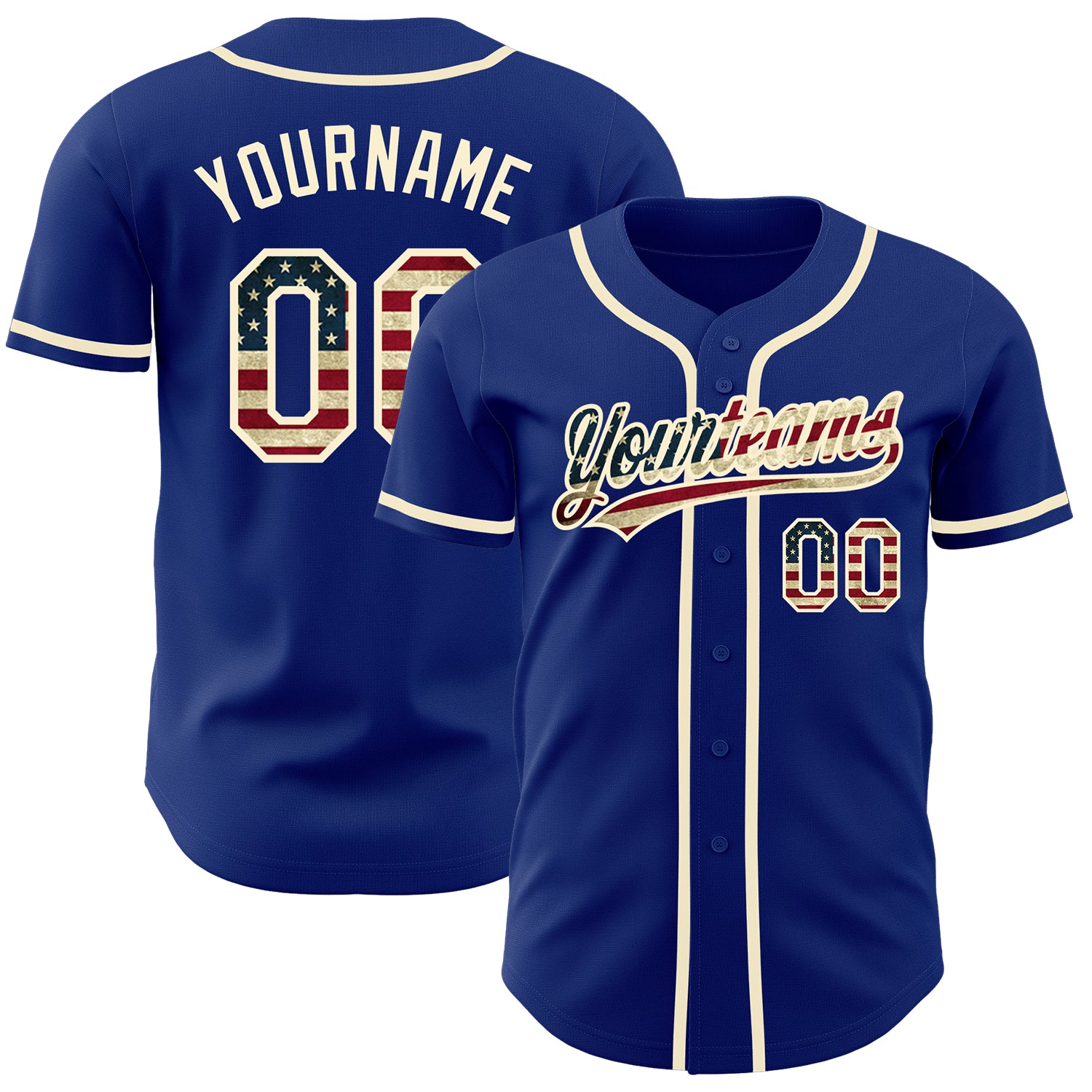 Custom Name and Number Vintage USA Flag Baseball Jersey - Personalized Cream Team Apparel Personalized Royal Vintage USA
