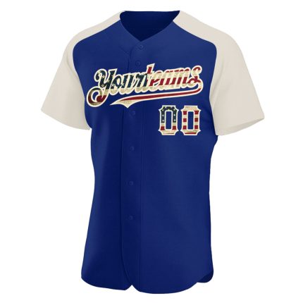Custom Name and Number Vintage USA Flag Baseball Jersey - Authentic Raglan Sleeve Cream Team Shirt Personalized Royal Vintage
