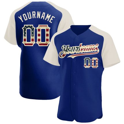 Custom Name and Number Vintage USA Flag Baseball Jersey - Authentic Raglan Sleeve Cream Team Shirt Personalized Royal Vintage