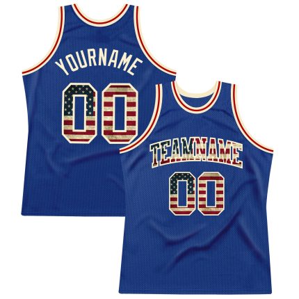 Personalized Vintage USA Flag Basketball Jersey - Custom Name & Number, Authentic Cream Design Personalized Royal Vintage