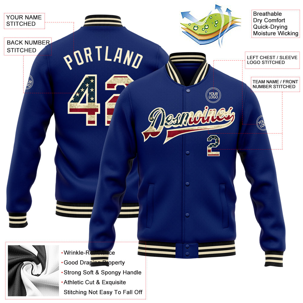 Personalized Royal Vintage USA Flag Cream-Black Bomber Full-Snap Varsity Letterman Jacket Team Custom Name and Number Custom Vintage USA Flag Bomber Jacket with Cream-Black Design, Full-Snap Varsity Style, Personalized Name & Number Personalized - Image 3