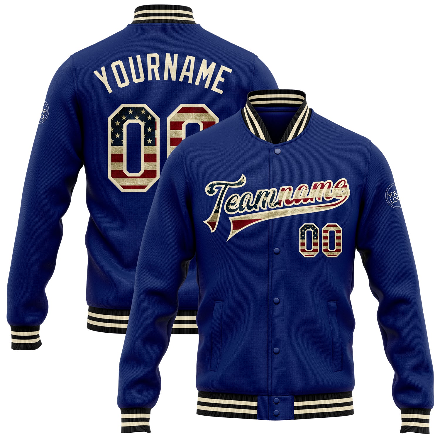 Custom Vintage USA Flag Bomber Jacket with Cream-Black Design, Full-Snap Varsity Style, Personalized Name & Number Personalized
