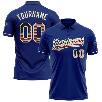Custom Name and Number USA Flag Cream Performance Vapor Golf Polo Shirt - Personalized Vintage Team Shirt Personalized Royal