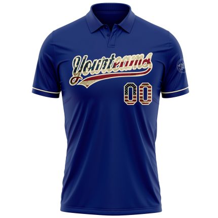 Custom Name and Number USA Flag Cream Performance Vapor Golf Polo Shirt - Personalized Vintage Team Shirt Personalized Royal