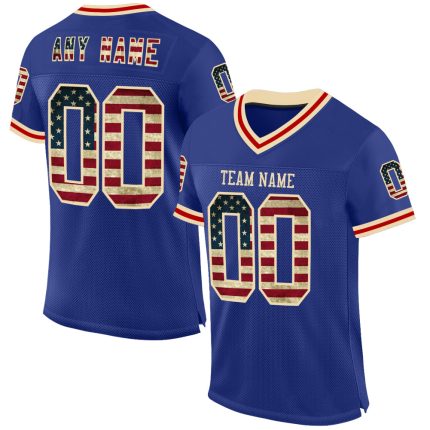 Personalized Vintage USA Flag Football Jersey Custom Name & Number Cream-Red Mesh Authentic Team Wear Personalized Royal