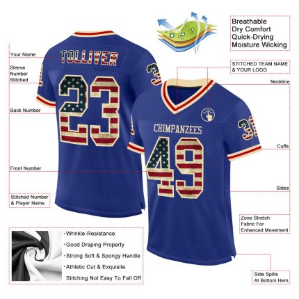 Personalized Vintage USA Flag Football Jersey Custom Name & Number Cream-Red Mesh Authentic Team Wear Personalized Royal