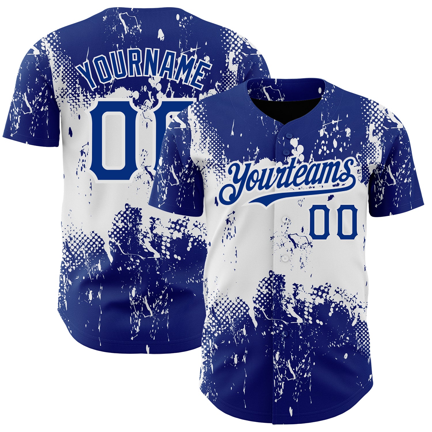 Custom Name and Number Baseball Jersey, Personalized Abstract Splatter Grunge Art, Royal White 3D Pattern Design Personalized