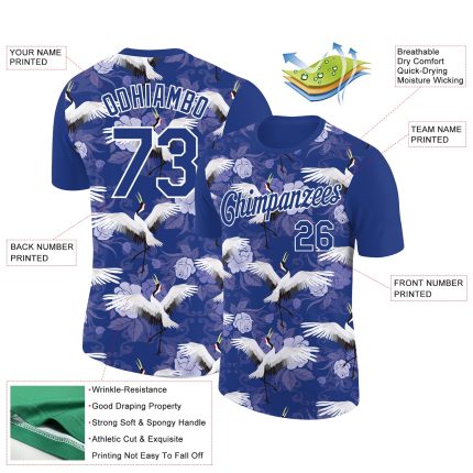 Custom Animal Crane Performance T-Shirt with Personalized Name and Number - Royal White 3D Pattern Design Personalized Royal