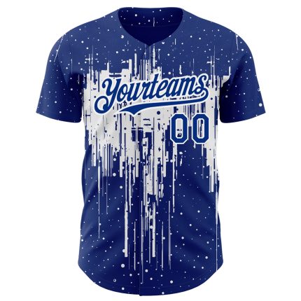 Custom Name and Number Baseball Jersey - Personalized Royal White 3D Dripping Splatter Art Design Personalized Royal White