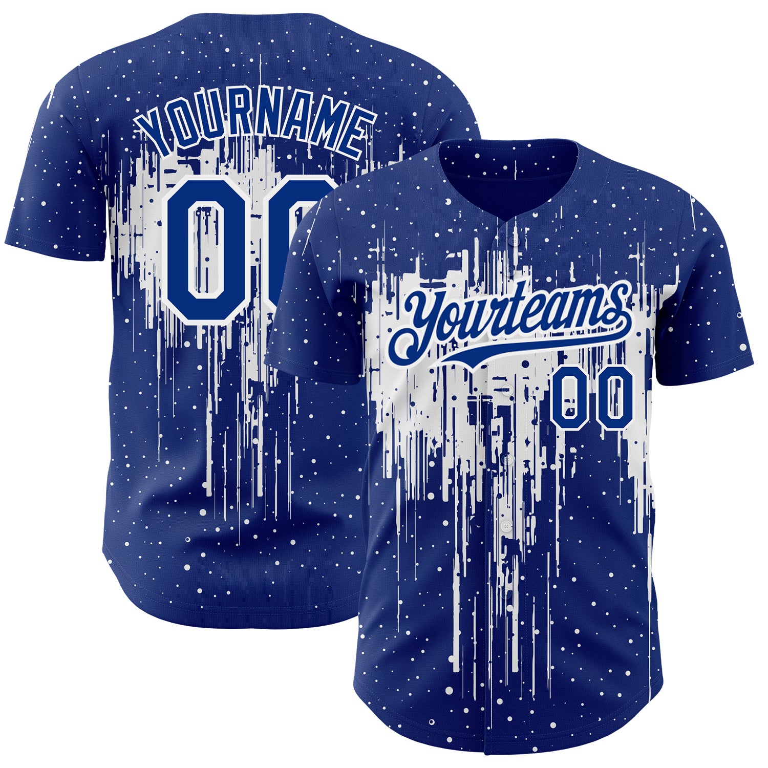 Custom Name and Number Baseball Jersey - Personalized Royal White 3D Dripping Splatter Art Design Personalized Royal White