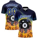 Custom Name Number Performance Polo Shirt - Personalized 3D Flame Design Royal White Billiards 8 Ball Personalized Royal