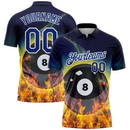 Custom Name Number Performance Polo Shirt - Personalized 3D Flame Design Royal White Billiards 8 Ball Personalized Royal