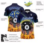 Custom Name Number Performance Polo Shirt - Personalized 3D Flame Design Royal White Billiards 8 Ball Personalized Royal