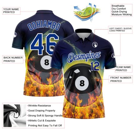 Custom Name Number Performance Polo Shirt - Personalized 3D Flame Design Royal White Billiards 8 Ball Personalized Royal