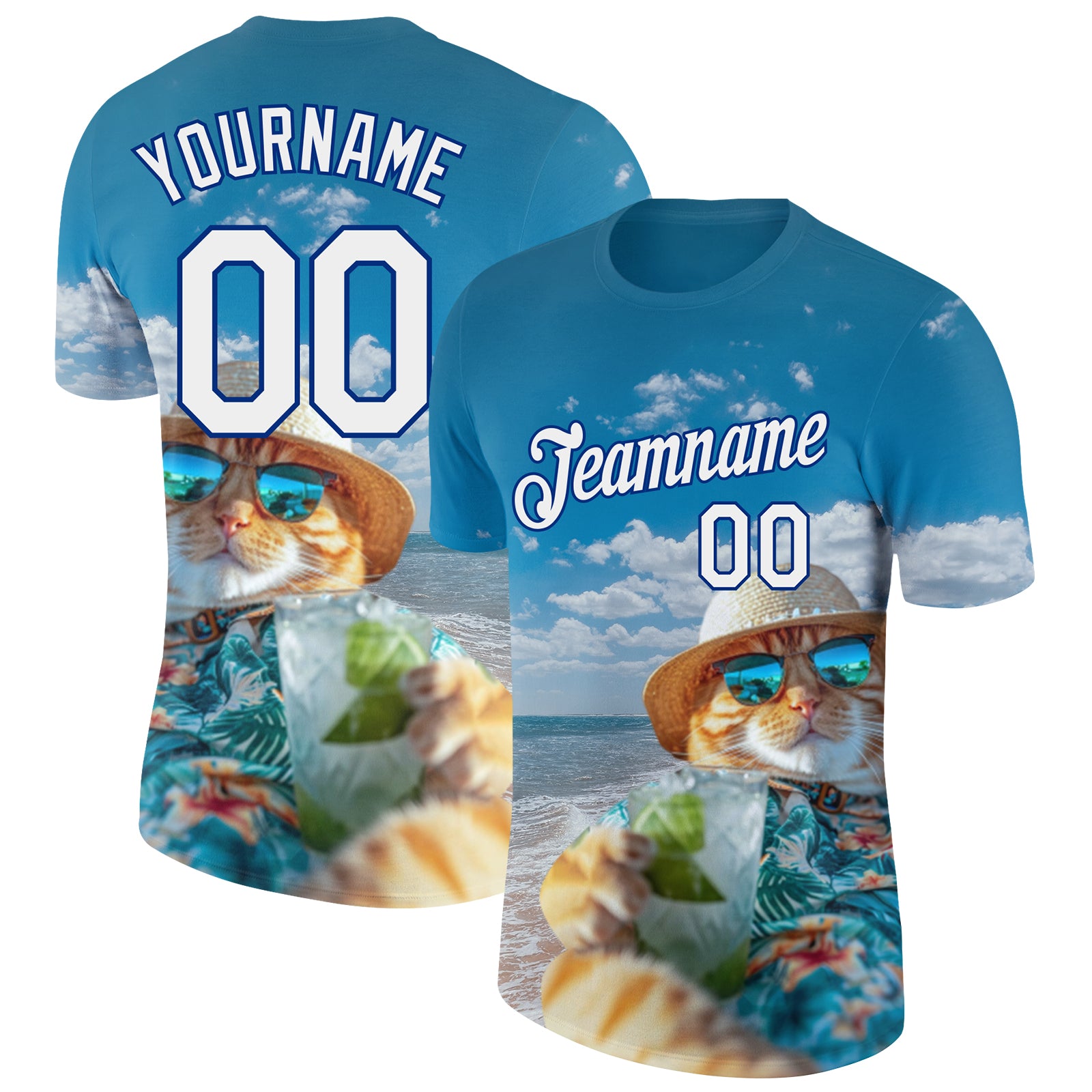 Custom Name and Number Hawaii Style Cat Beach Sunbathes Performance T-Shirt - Personalized Royal White 3D Pattern Design