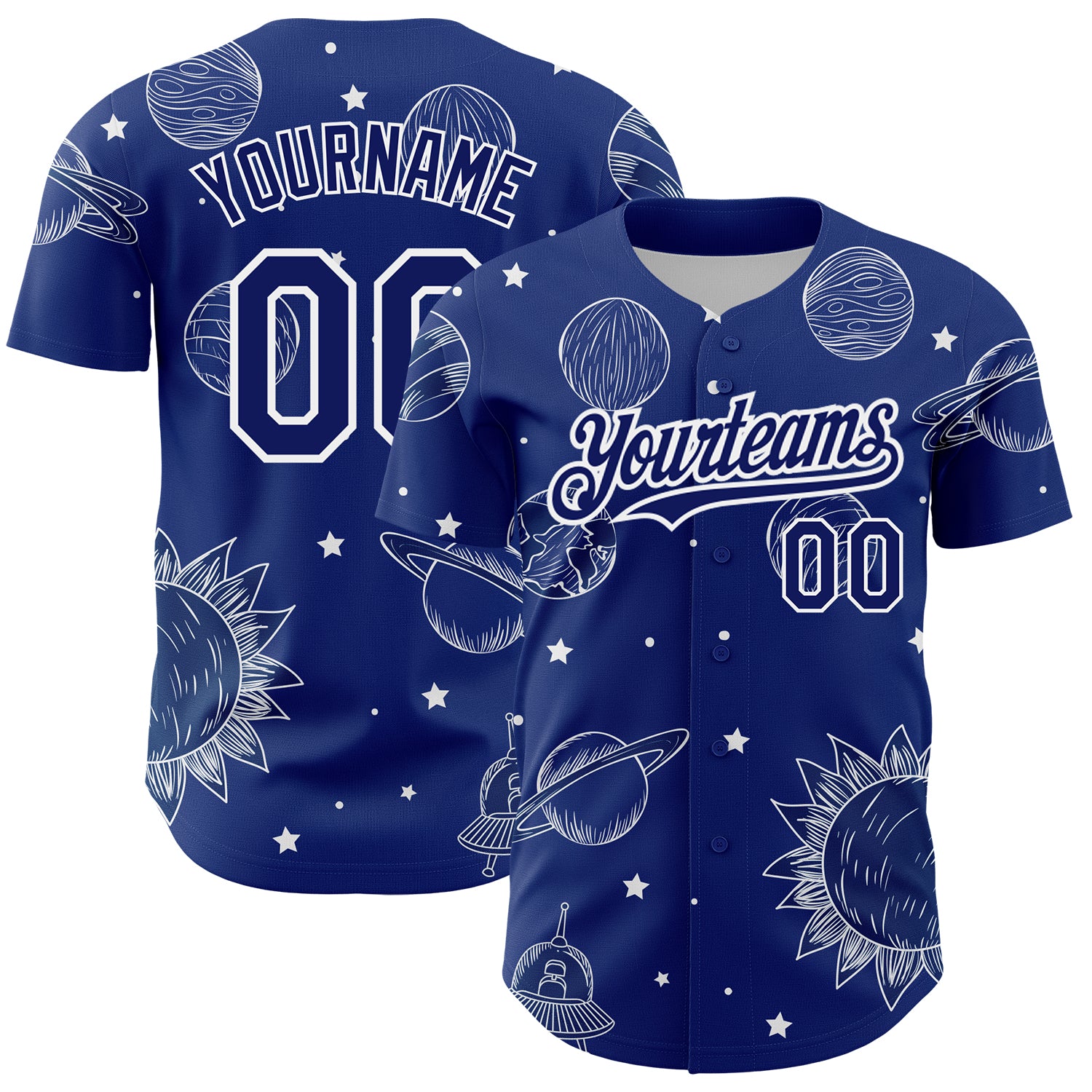 Custom Name and Number Personalized Royal White 3D Planets Baseball Jersey - Authentic Team Apparel Personalized Royal White