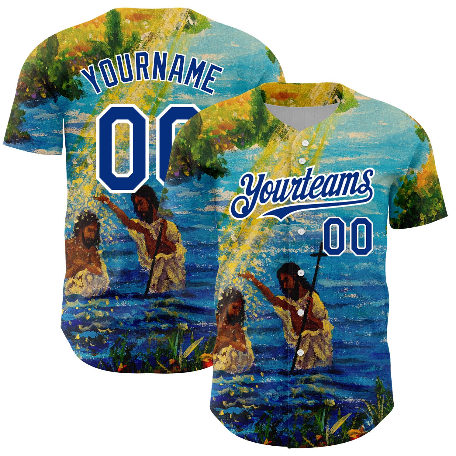 Personalized Jesus Christ 3D Pattern Baseball Jersey with Custom Name and Number - Royal White Team Apparel Personalized