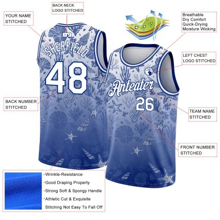 Custom Name and Number Basketball Jersey with 3D Seashells and Starfishes Design - Personalized Royal White Team Jersey Personalized