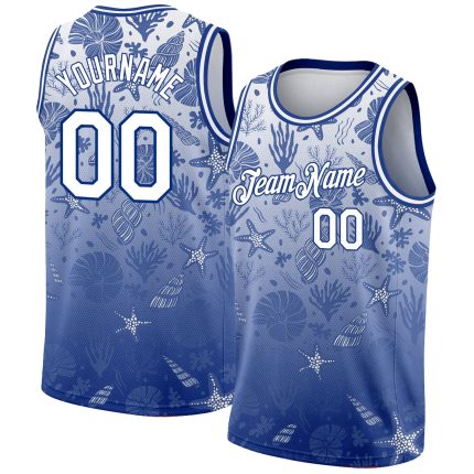 Custom Name and Number Basketball Jersey with 3D Seashells and Starfishes Design - Personalized Royal White Team Jersey Personalized