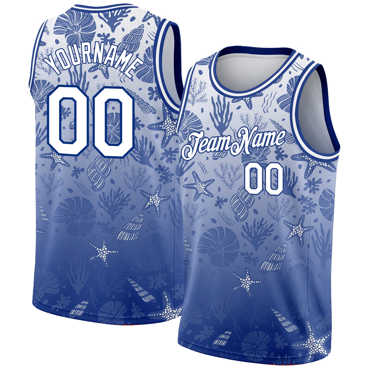 Custom Name and Number Basketball Jersey with 3D Seashells and Starfishes Design - Personalized Royal White Team Jersey Personalized