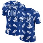 Custom Tropical Palm Leaf Performance T-Shirt with 3D Pattern, Personalized Team Name and Number - Royal White Design Personalized