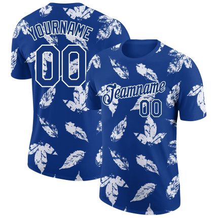 Custom Tropical Palm Leaf Performance T-Shirt with 3D Pattern, Personalized Team Name and Number - Royal White Design Personalized