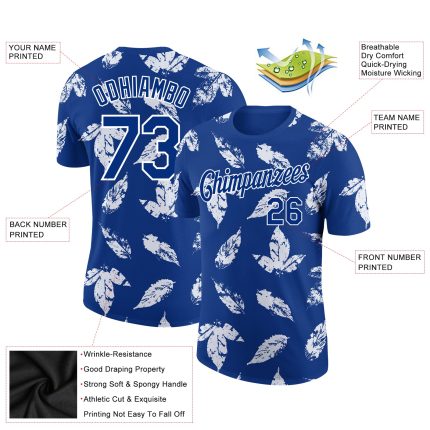 Custom Tropical Palm Leaf Performance T-Shirt with 3D Pattern, Personalized Team Name and Number - Royal White Design Personalized