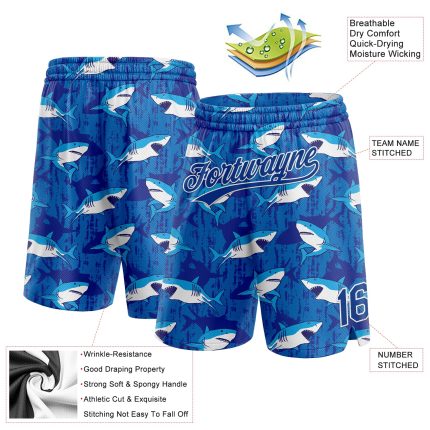 Custom Name Number Authentic Basketball Shorts with 3D Shark Pattern - Personalized Royal White Team Gear Personalized Royal