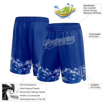 Custom Team Name and Number Basketball Shorts - Personalized Royal White 3D Pattern Waves Design Personalized Royal White