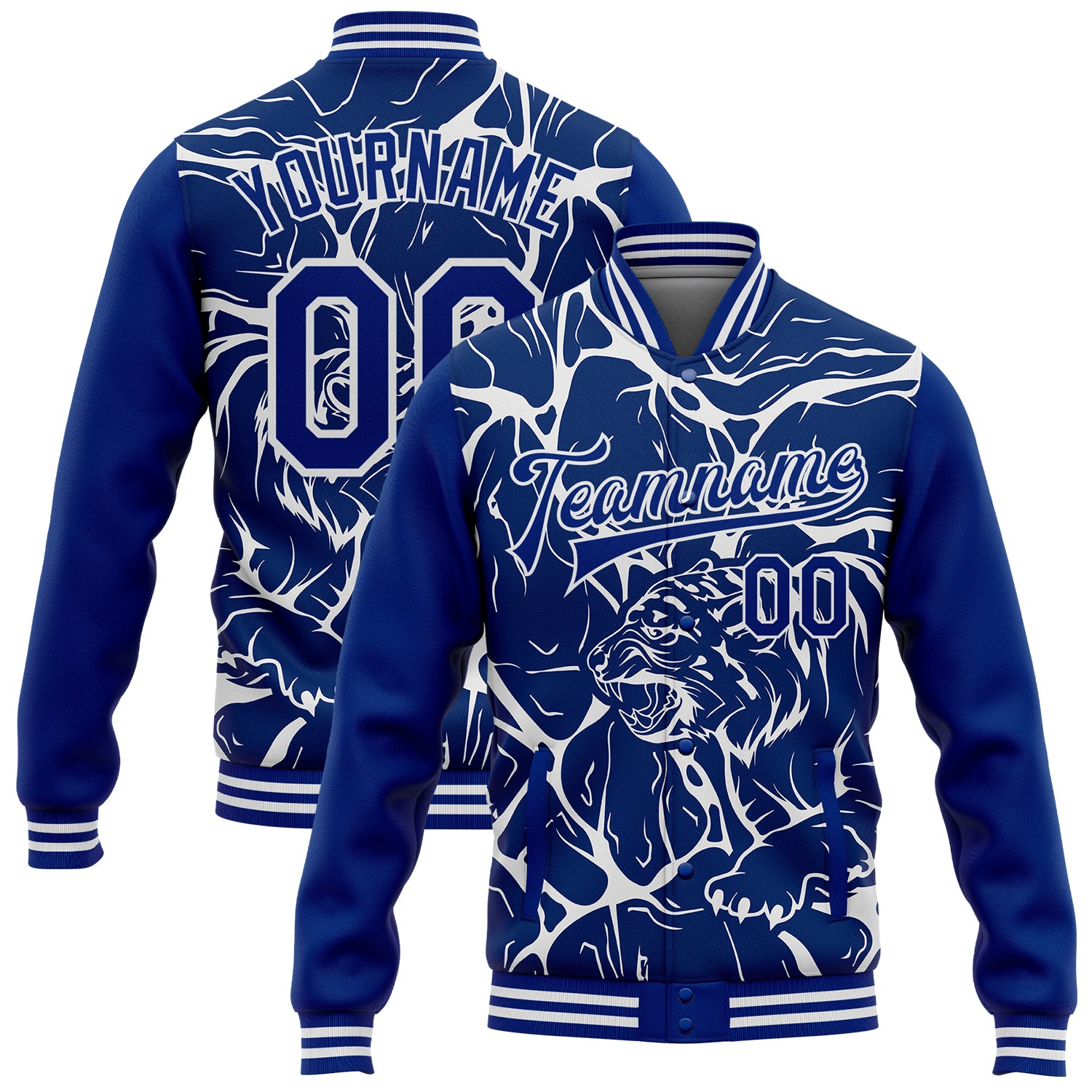 Custom Name and Number 3D Abstract White Tiger Varsity Bomber Jacket - Personalized Full-Snap Letterman Design Personalized