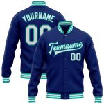 Custom Name Number Varsity Letterman Jacket - Personalized Royal White Aqua Bomber Full-Snap Жacket Personalized Royal White-Aqua