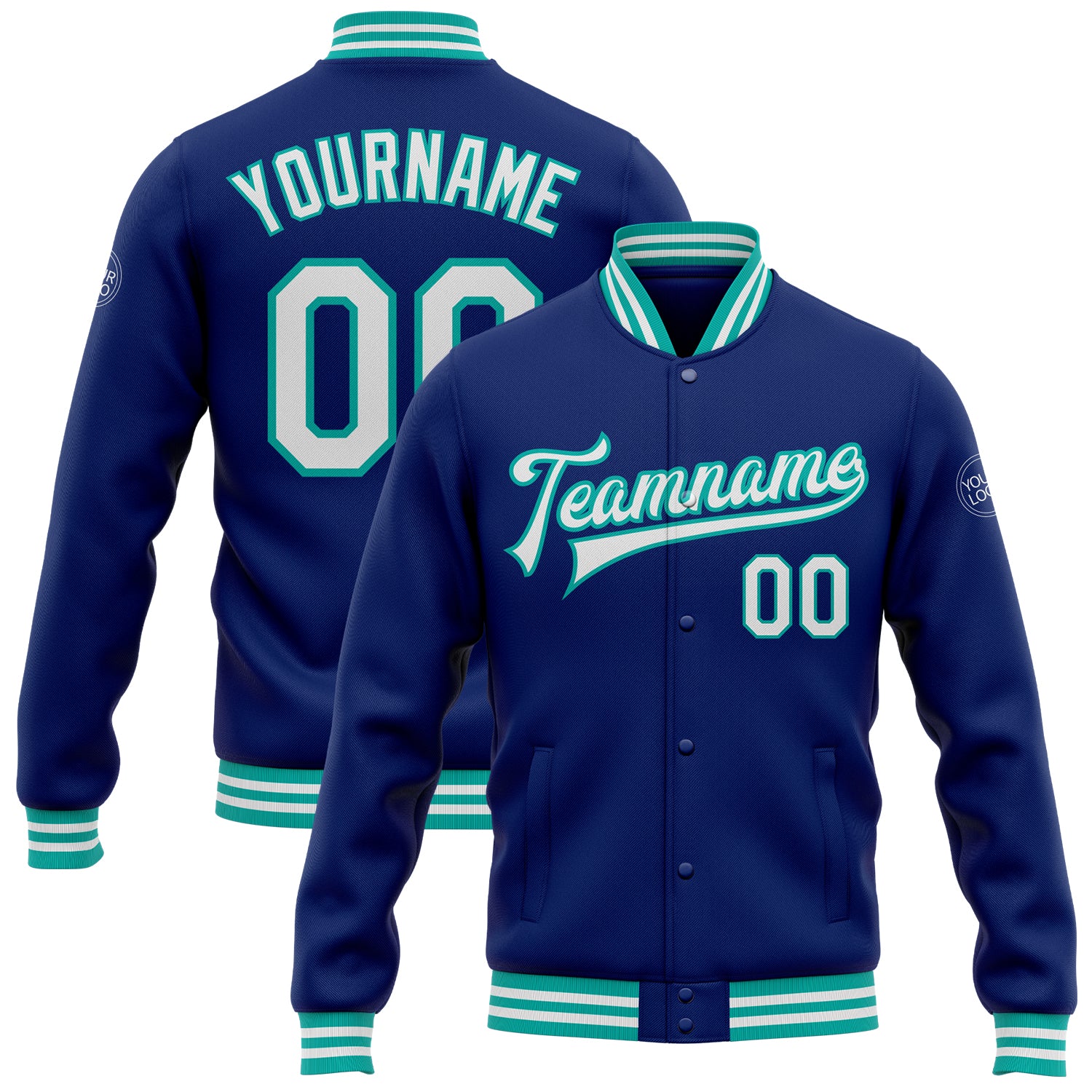 Custom Name Number Varsity Letterman Jacket - Personalized Royal White Aqua Bomber Full-Snap Жacket Personalized Royal White-Aqua