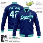 Custom Name Number Varsity Letterman Jacket - Personalized Royal White Aqua Bomber Full-Snap Жacket Personalized Royal White-Aqua