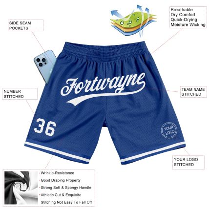 Personalized Royal White Basketball Shorts - Authentic Throwback Style Personalized Royal White Authentic Throwback Basketball