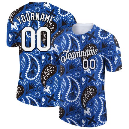 Custom Name Number 3D Floral Design Performance T-Shirt - Personalized Royal White-Black Team Shirt Personalized Royal White-Black