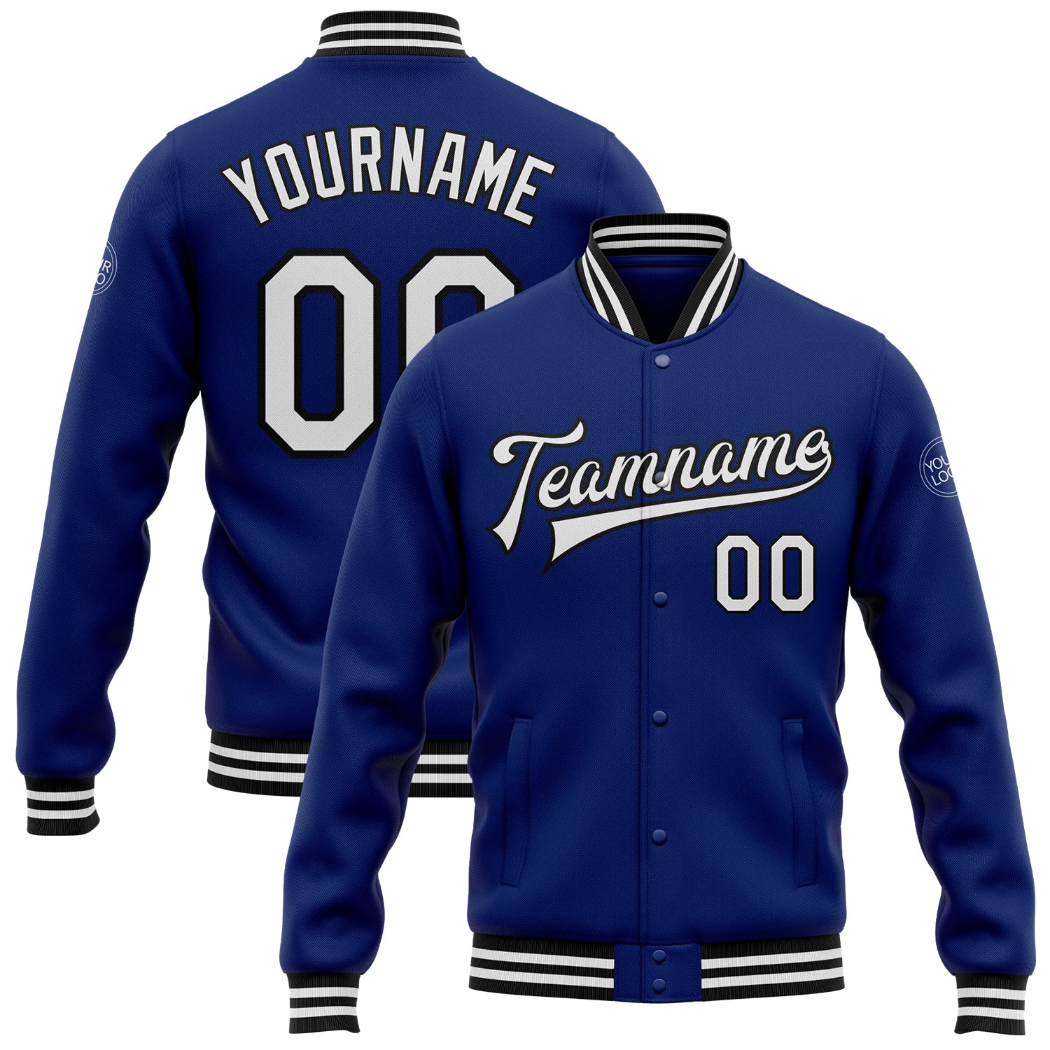 Custom Name and Number Varsity Letterman Jacket - Personalized White-Black Bomber Full-Snap Design Personalized Royal White-Black