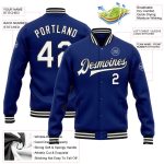 Custom Name and Number Varsity Letterman Jacket - Personalized White-Black Bomber Full-Snap Design Personalized Royal White-Black