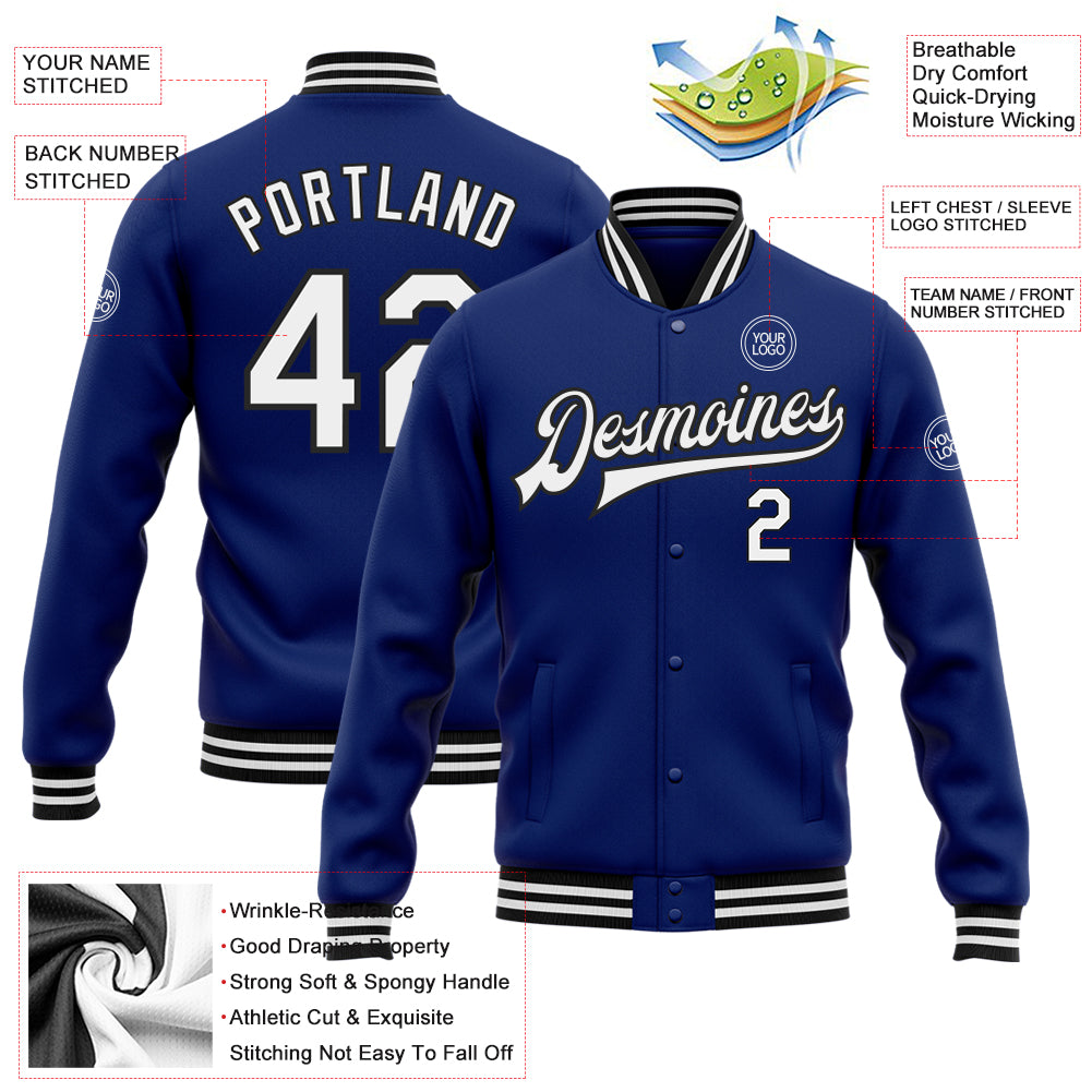 Personalized Royal White-Black Bomber Full-Snap Varsity Letterman Jacket Team Custom Name and Number Custom Name and Number Varsity Letterman Jacket - Personalized White-Black Bomber Full-Snap Design Personalized Royal White-Black - Image 3