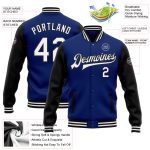 Custom Name Number Personalized Two Tone Black White Varsity Letterman Bomber Jacket Personalized Royal White-Black Bomber